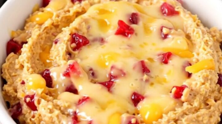 A warm, creamy pimento cheese dip served in a white bowl on a bright kitchen counter.