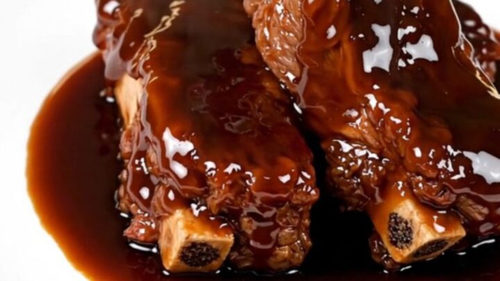 A close-up shot of tender, glazed beef short ribs on a white plate with green onions.