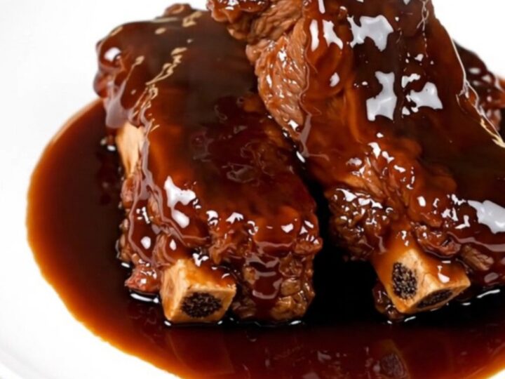 A close-up shot of tender, glazed beef short ribs on a white plate with green onions.