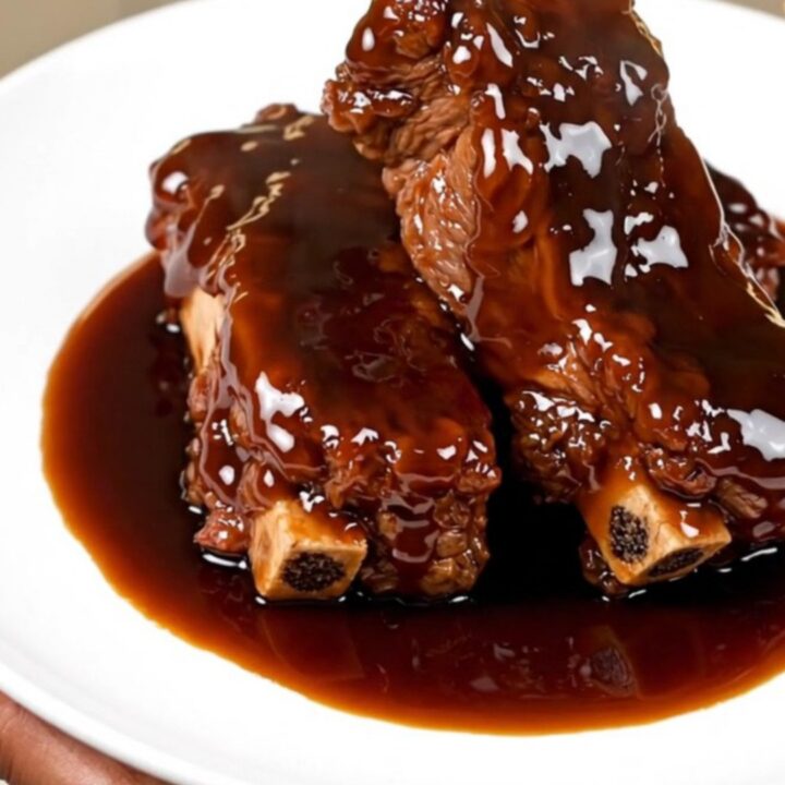 A close-up shot of tender, glazed beef short ribs on a white plate with green onions.