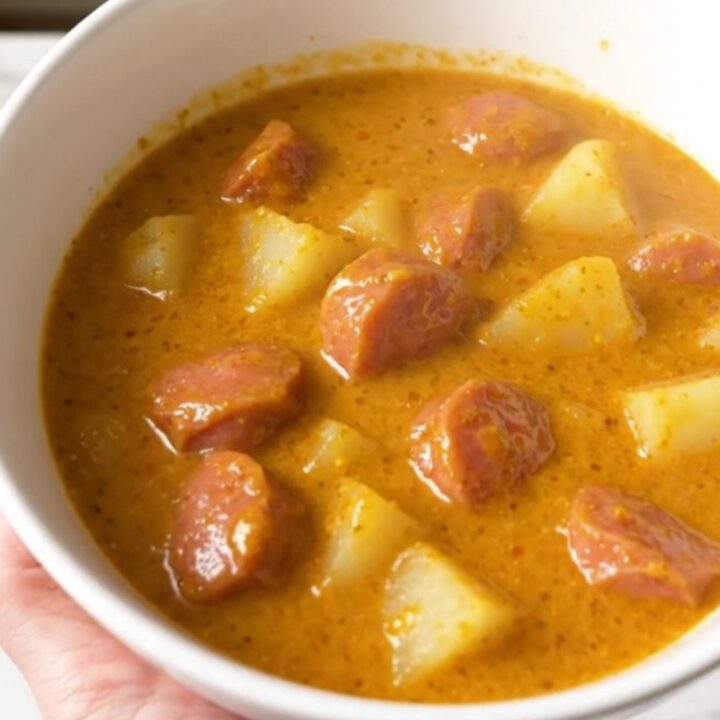 A steaming bowl of creamy bratwurst chowder with visible potato chunks and sausage rounds.