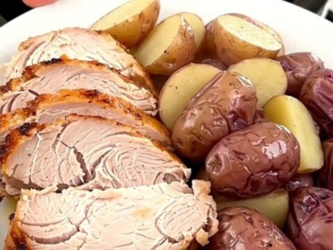 A slow cooker filled with a cooked turkey breast, baby red potatoes, and savory herb broth on a white quartz countertop.