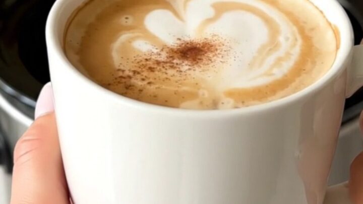 A top-down view of a black slow cooker filled with chai tea latte ingredients on a white quartz countertop.