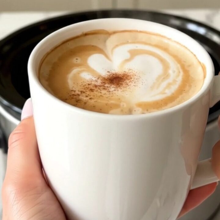 A top-down view of a black slow cooker filled with chai tea latte ingredients on a white quartz countertop.