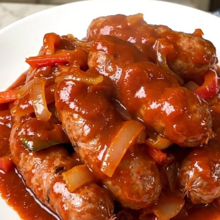Finished slow cooker Italian sausage and pepper filling served on a white plate.