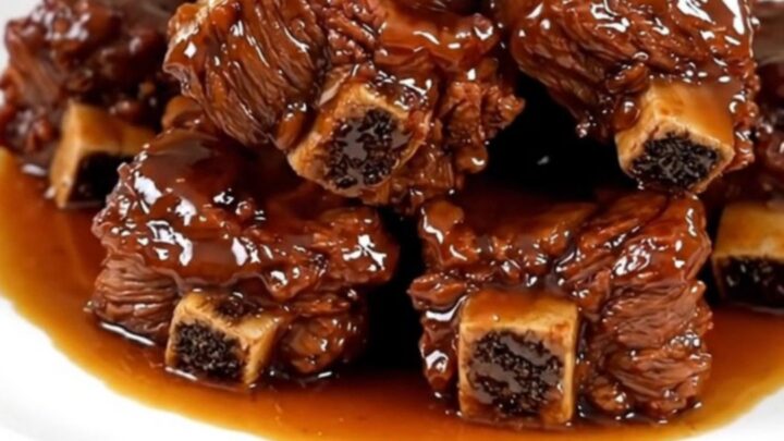 A close-up of glossy, glazed honey garlic short ribs on a white plate with a background of blurred kitchen cabinets.