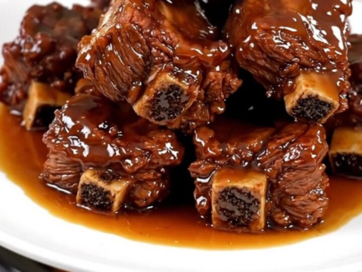 A close-up of glossy, glazed honey garlic short ribs on a white plate with a background of blurred kitchen cabinets.