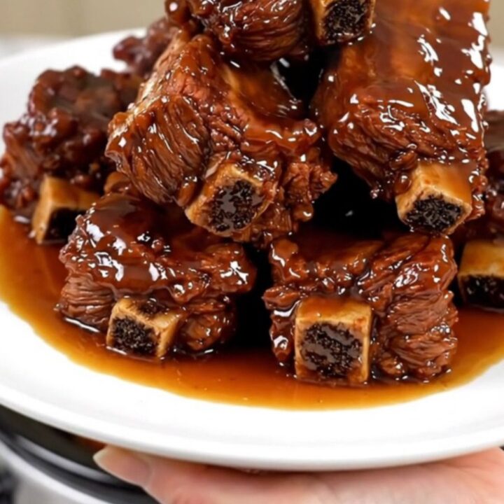A close-up of glossy, glazed honey garlic short ribs on a white plate with a background of blurred kitchen cabinets.