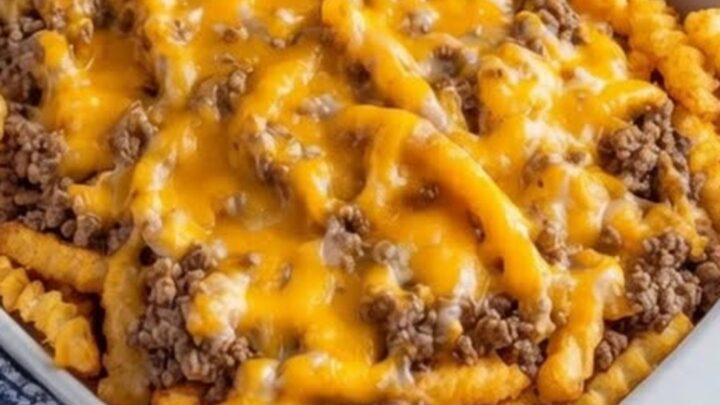 A close-up of a cheesy french fry casserole with a spatula lifting a portion showing a long cheese pull
