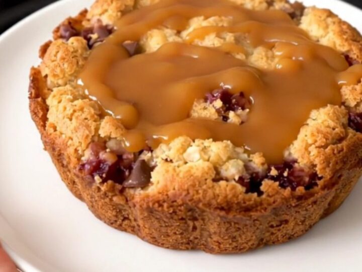 A warm, golden brown apple cobbler topped with crunchy toffee bits and drizzled with rich caramel sauce.