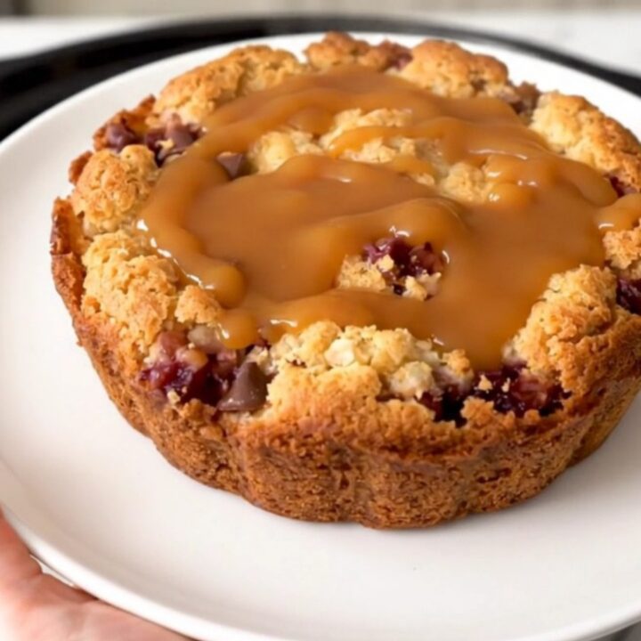 A warm, golden brown apple cobbler topped with crunchy toffee bits and drizzled with rich caramel sauce.