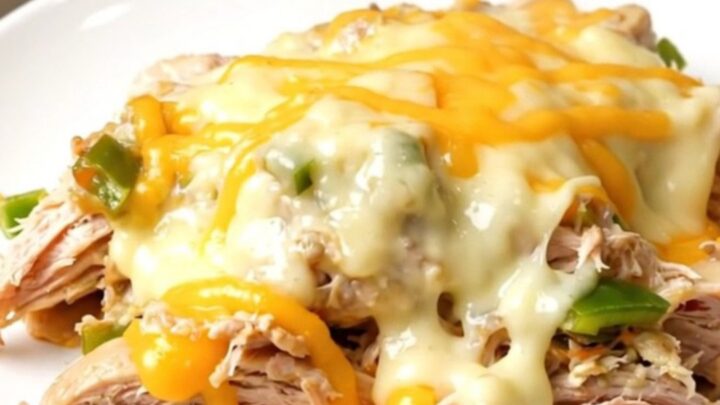 Close up of creamy shredded chicken with poblano peppers and melted pepper jack cheese in a slow cooker.