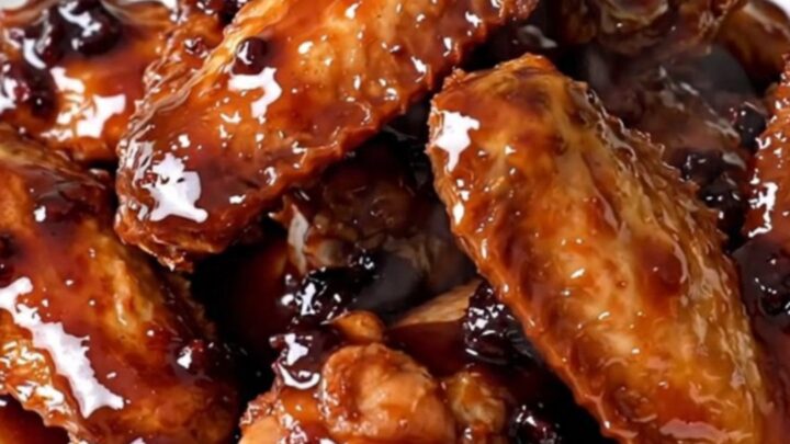 A top-down view of chicken wings cooking in a black slow cooker with blackberry sauce and jalapenos.
