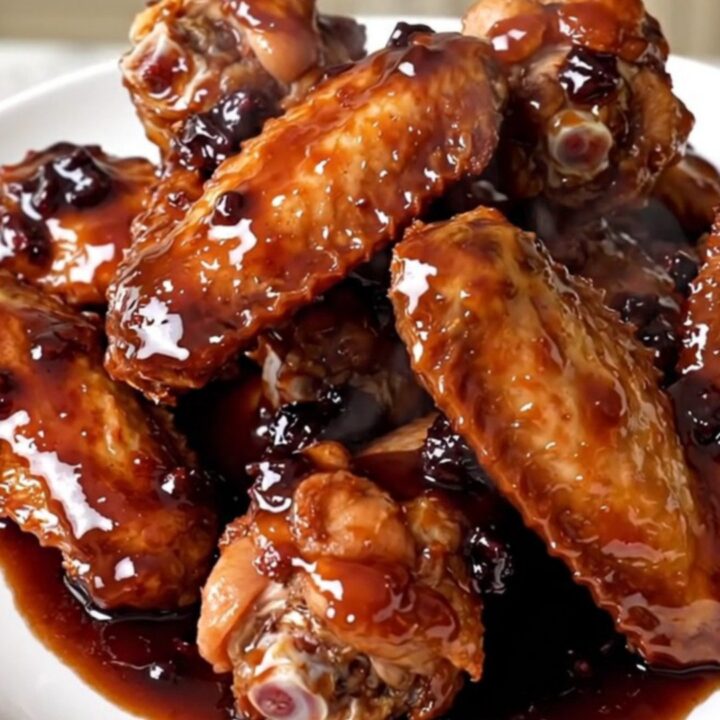 A top-down view of chicken wings cooking in a black slow cooker with blackberry sauce and jalapenos.