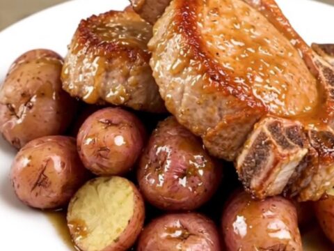 A top-down view of cooked pork chops and tender red potatoes in a slow cooker, glazed in a savory Italian dressing sauce.