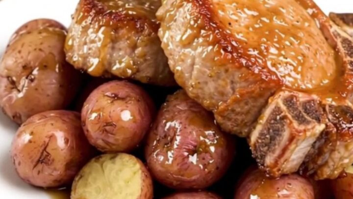 A top-down view of cooked pork chops and tender red potatoes in a slow cooker, glazed in a savory Italian dressing sauce.