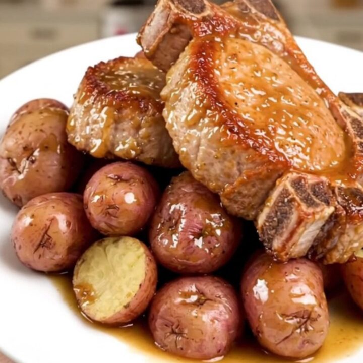 A top-down view of cooked pork chops and tender red potatoes in a slow cooker, glazed in a savory Italian dressing sauce.