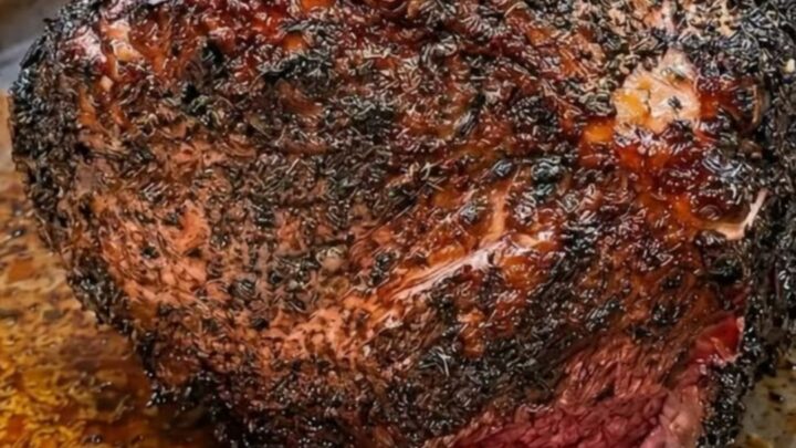 A magnificent prime rib roast with four frenched bones and a deep, crispy garlic-herb butter crust.