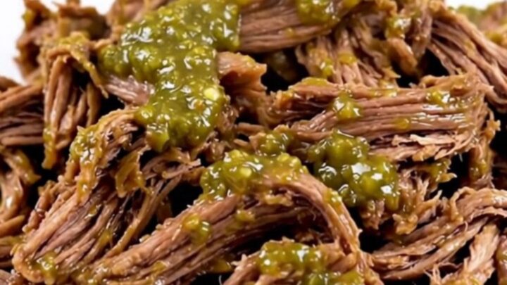 A close-up shot of juicy, steaming green chile shredded beef on a white plate.