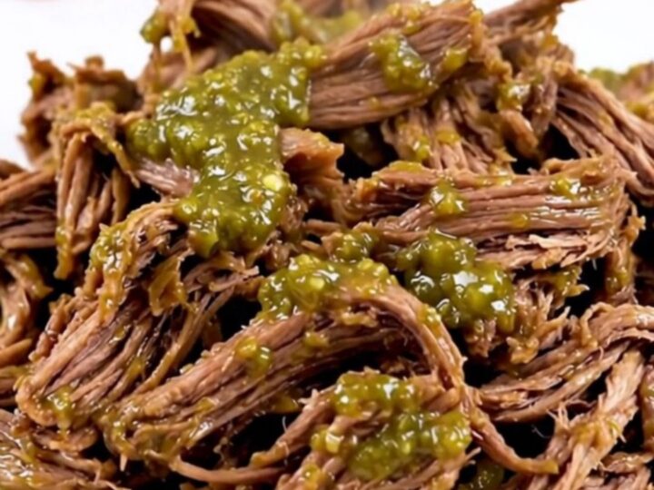 A close-up shot of juicy, steaming green chile shredded beef on a white plate.