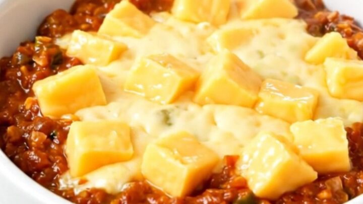 A top-down view of a slow cooker filled with a rich, melted chili cheese dip.