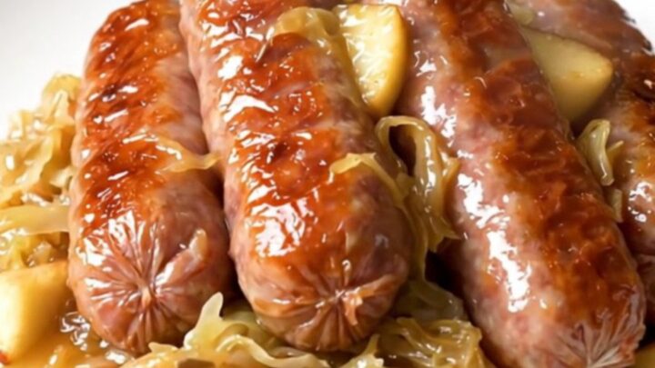 A top-down view of a slow cooker filled with bratwurst, sauerkraut, and shredded apples.