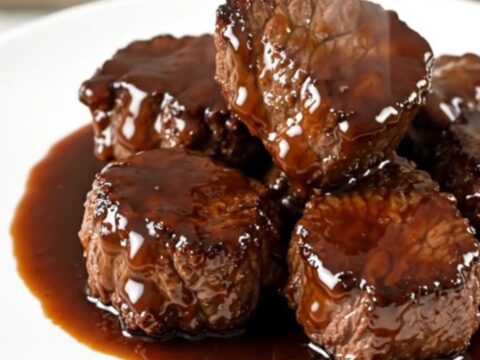 Close-up of glossy teriyaki steak bites in a slow cooker on a white countertop.
