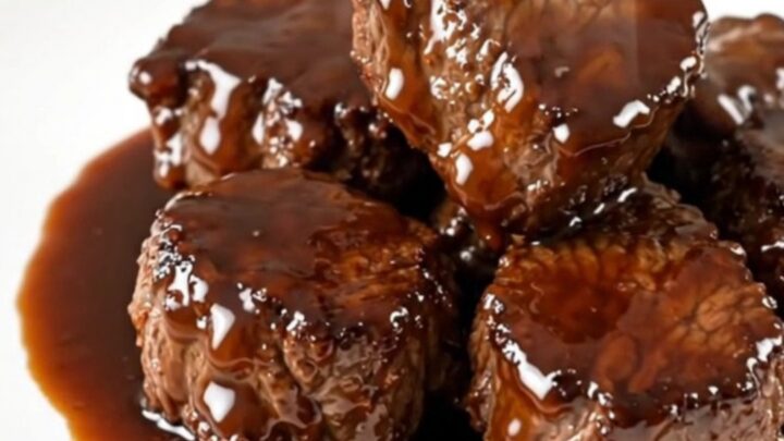 Close-up of glossy teriyaki steak bites in a slow cooker on a white countertop.