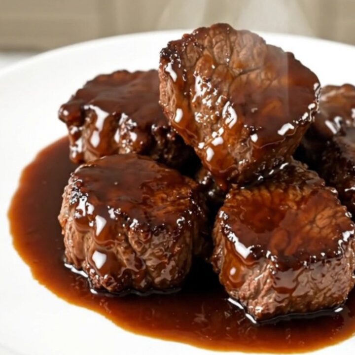 Close-up of glossy teriyaki steak bites in a slow cooker on a white countertop.
