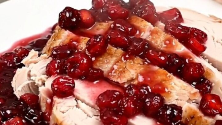 A sliced turkey breast topped with a glossy cranberry apple sauce on a white plate.