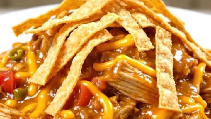 A steaming, creamy bowl of King Ranch Chicken topped with melted cheddar and crunchy tortilla strips.