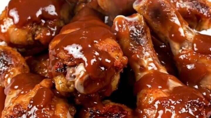 A top-down view of cooked barbecue ranch chicken drumsticks on a white plate.