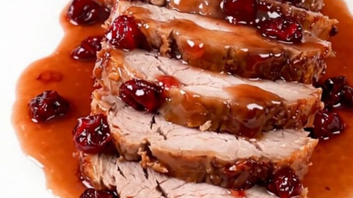 A beautifully sliced cranberry glazed pork loin served on a clean white plate with a glossy, deep red sauce.