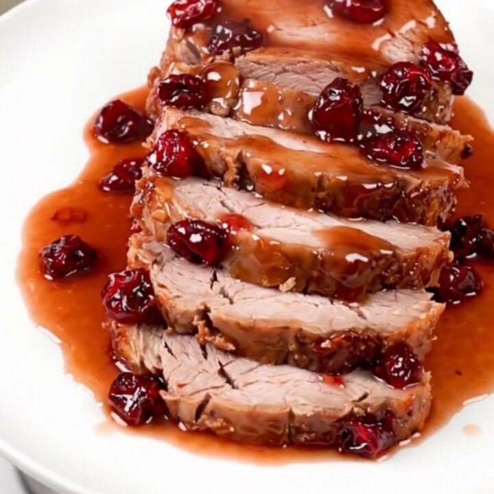 A beautifully sliced cranberry glazed pork loin served on a clean white plate with a glossy, deep red sauce.