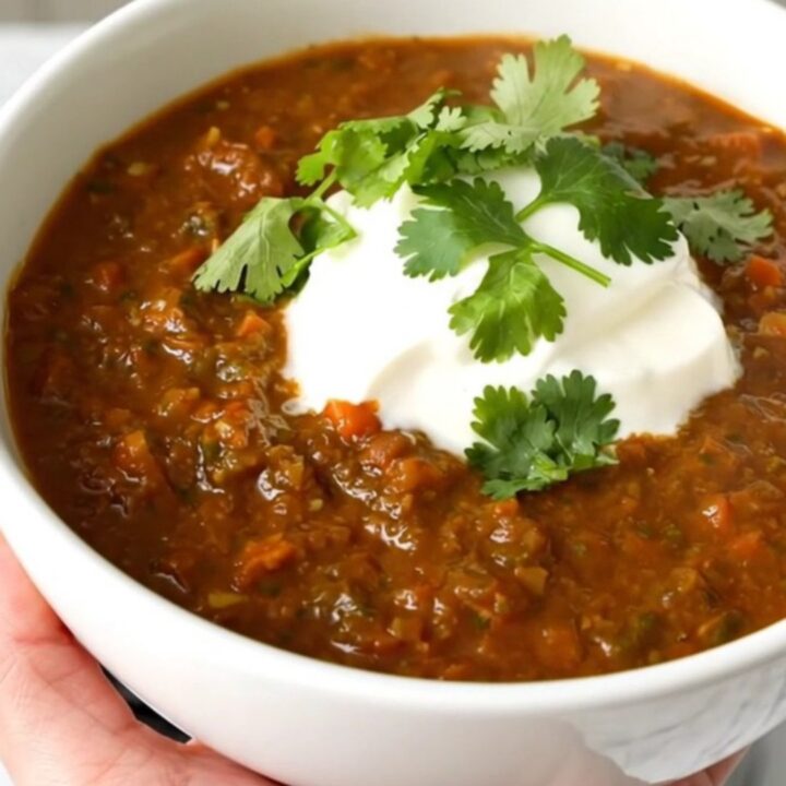 A steaming bowl of salsa verde beef chili garnished with fresh cilantro and a dollop of sour cream.