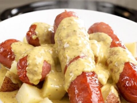 A top-down view of a slow cooker filled with sliced kielbasa, diced red potatoes, and a creamy Dijon sauce.