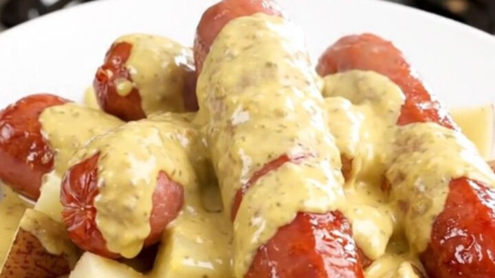 A top-down view of a slow cooker filled with sliced kielbasa, diced red potatoes, and a creamy Dijon sauce.