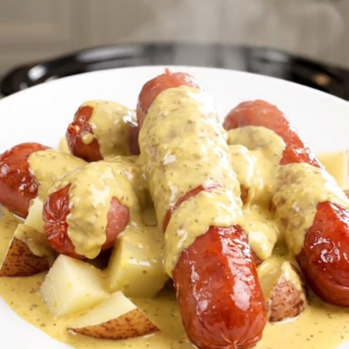 A top-down view of a slow cooker filled with sliced kielbasa, diced red potatoes, and a creamy Dijon sauce.
