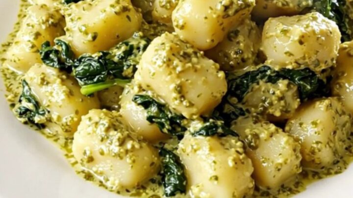 A plate of creamy pesto gnocchi with spinach in a white dish on a kitchen counter.