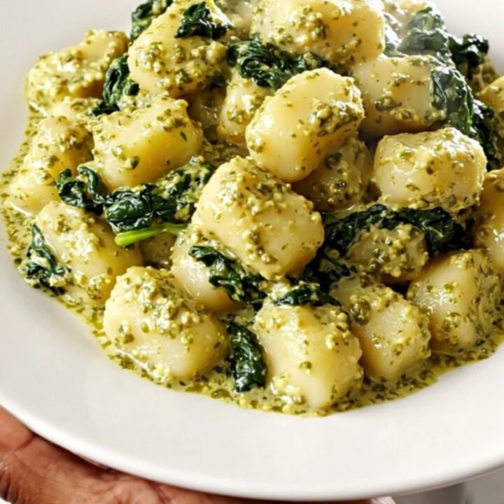 A plate of creamy pesto gnocchi with spinach in a white dish on a kitchen counter.