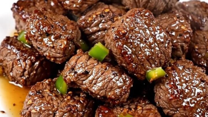 A close-up of glossy, slow-cooked Cajun steak bites with green bell peppers on a white plate.