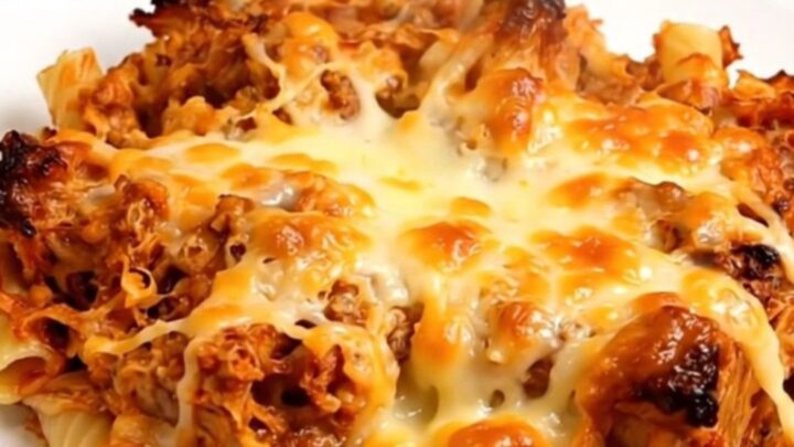 A close-up of cheesy baked ziti in a slow cooker with visible melty ricotta and rich marinara sauce.