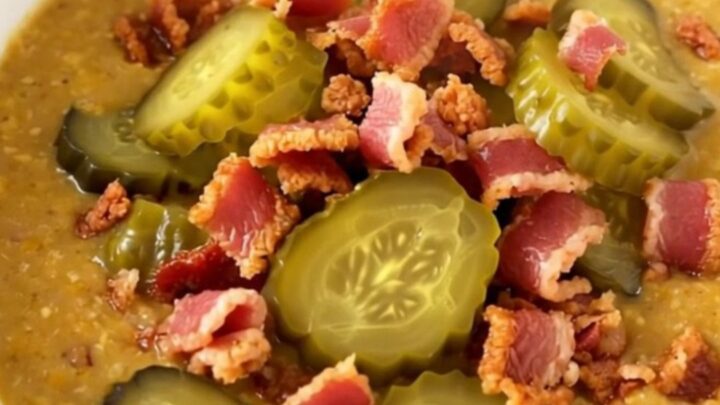 A steaming bowl of creamy cheeseburger soup topped with crispy bacon and diced pickles.
