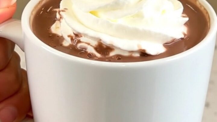 A steaming white ceramic mug filled with rich hazelnut hot chocolate topped with whipped cream.