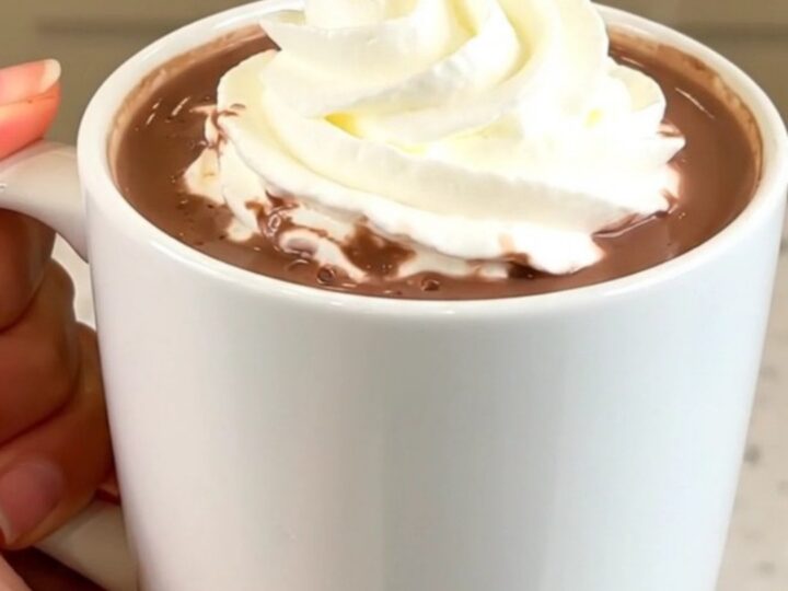 A steaming white ceramic mug filled with rich hazelnut hot chocolate topped with whipped cream.
