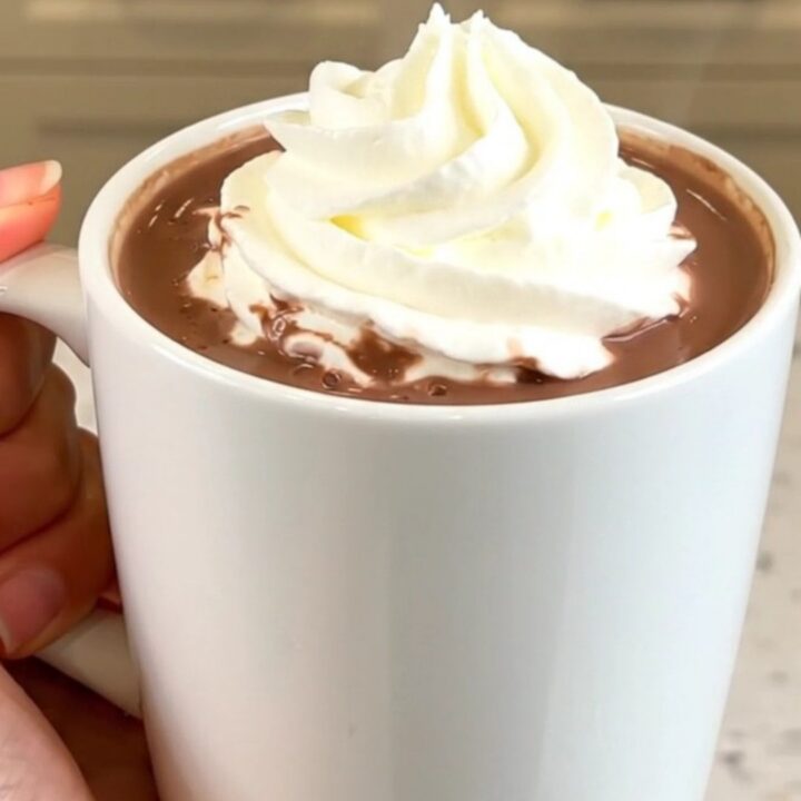 A steaming white ceramic mug filled with rich hazelnut hot chocolate topped with whipped cream.