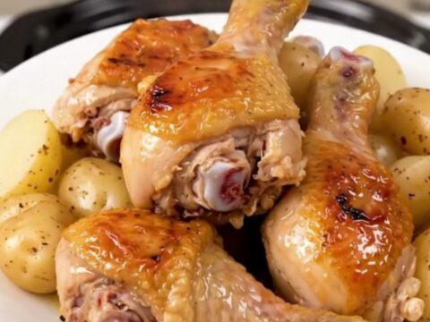 Close up of golden slow cooked chicken drumsticks and tender yellow potatoes on a white plate.