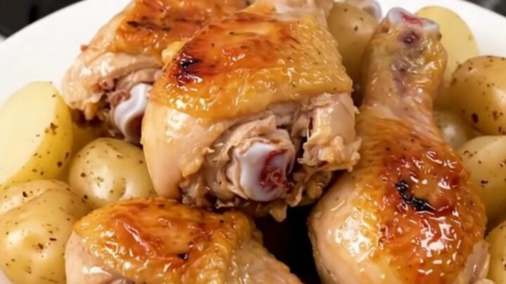 Close up of golden slow cooked chicken drumsticks and tender yellow potatoes on a white plate.