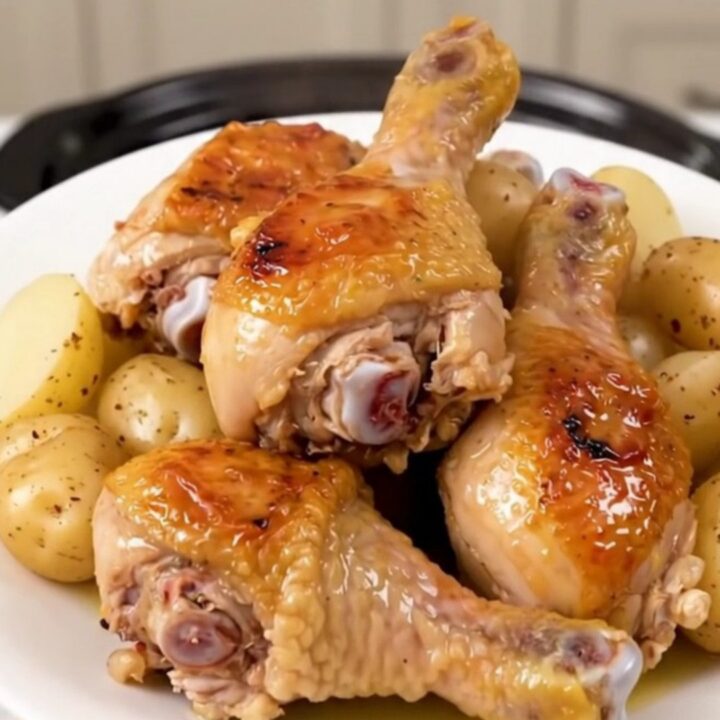 Close up of golden slow cooked chicken drumsticks and tender yellow potatoes on a white plate.