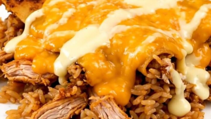 A steaming plate of shredded cheesy enchilada chicken and rice served in a white bowl.